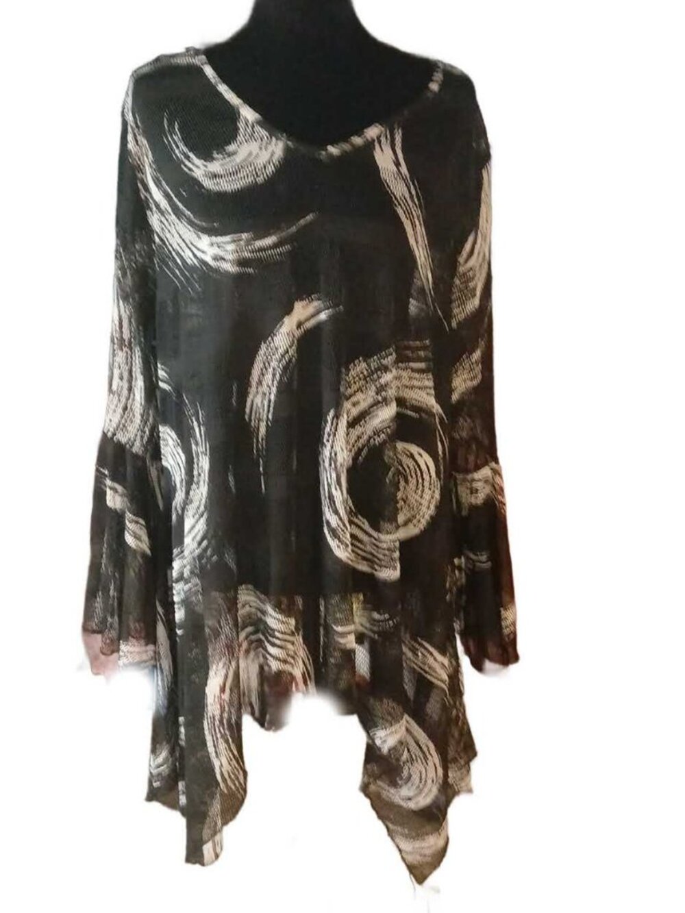 3X Black Cream Abstract Print Sheer Mesh Tunic Top